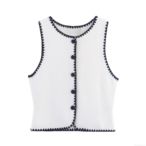 Elegant Women Scalloped Trim Knit Vest Contrast Color Sleeveless Button Down Tank Top For Party Dating Sexy Slim Fit Polyester Knitwear