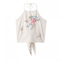 Women's Floral Embroidery Halter Neck Crop Top Beige Polyester Backless Tie Up Sleeveless Tank Top for Summer Vacation Streetwear Sexy Y2K Style