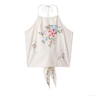Women's Floral Embroidery Halter Neck Crop Top Beige Polyester Backless Tie Up Sleeveless Tank Top for Summer Vacation Streetwear Sexy Y2K Style