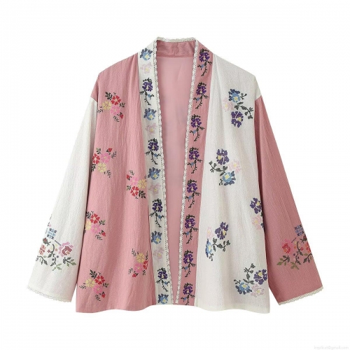 Women's Floral Embroidery Patchwork Cardigan Long Sleeve Stand Collar Lace Trim Polyester Cotton Blend Loose Blouse Kimono Style Ethnic Casual Top Women's Floral Embroidery Patchwork Cardigan Long Sleeve Stand Collar Lace Trim Polyester Cotton Blend Loose Blouse Kimono Style Ethnic Casual Top
