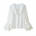 Women's V-Neck Ruffle Chiffon Blouse Elegant Long Sleeve Layered Tie Front Shirt Sweet Solid White Polyester Tops For Daily Party Date
