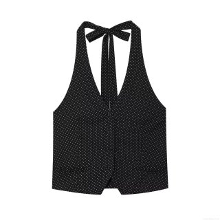 Polka Dot Halter Tank Top Women Sexy Backless Polyester Slim Fit Retro Vest Style Buttons Bow Summer Party Dating Elegant Sleeveless Cami Tops