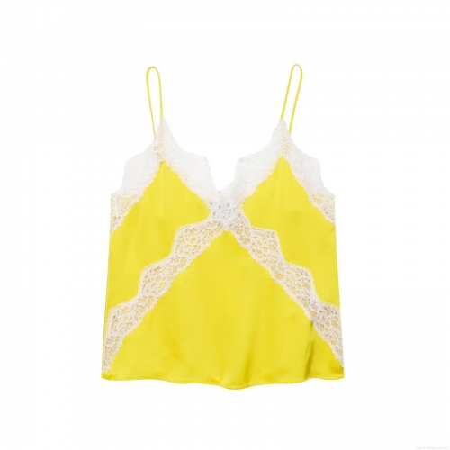 Women's Sexy Lace Satin Camisole Slim Fit Cropped Tank Top With White Lace Trim Adjustable Straps Summer Sleeveless Polyester Vest For Women