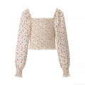 Women's Elegant Floral Smocked Crop Top Square Neck Puff Long Sleeve Chiffon Blouse Red Rose Print Shirred Ruffle Pullover Sweet Top