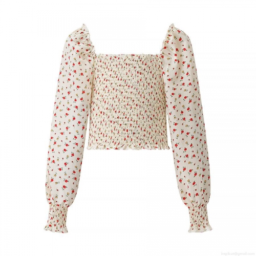 Women's Elegant Floral Smocked Crop Top Square Neck Puff Long Sleeve Chiffon Blouse Red Rose Print Shirred Ruffle Pullover Sweet Top
