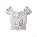 Women's Polka Dot Puff Sleeve Blouse Elegant Off Shoulder Smocked Cropped Top With Ruffle Detail Pullover Sweet Summer Shirt For Women