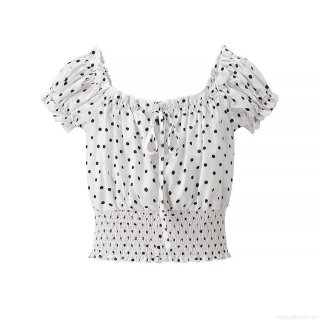 Women's Polka Dot Puff Sleeve Blouse Elegant Off Shoulder Smocked Cropped Top With Ruffle Detail Pullover Sweet Summer Shirt For Women