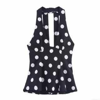 Women's Polka Dot Halter Top Polyester Backless Sexy V Neck Bow Detail Sleeveless Shirt For Summer Party Vacation Women's Polka Dot Halter Top Polyester Backless Sexy V Neck Bow Detail Sleeveless Shirt For Summer Party Vacation