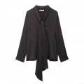 Women Elegant Solid Color Satin Long Sleeve Blouse Bow Tie Neck Pleated Texture Shirt Casual Flowy Tunic Top For Dating Party Women Clothing