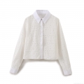 Women's White Cotton Blend Eyelet Embroidery Hollow Out Long Sleeve Shirt Elegant Sweet Button Down Blouse Casual Short Top For Women