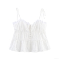 Women Sweet Eyelet Embroidery Camisole Cotton Blend Hollow Out Bow Strappy Button Down Summer Vacation Sleeveless Crop Top for Ladies