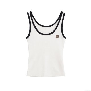 Women's Ribbed Knit Tank Top Sexy Slim Fit Camisole With Contrast Piping And Metal Logo Sleeveless U-Neck Summer Casual Top For Women