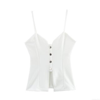 French Chic Sexy White Camisole Tank Top Slim Fit V-Neck Metal Buttons Pleated Slit Hem Thin Straps Polyester Acrylic Blend Streetwear Clubwear Women Clothing