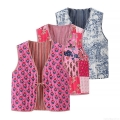 Women's Quilted Vest Vintage Toile De Jouy Floral Printed Sleeveless Jacket V-Neck Lace-Up Bohemian Patchwork Waistcoat Casual Fashion Outerwear For Women