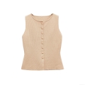 Women's Knit Tank Top Ribbed Polyester Button Front Sleeveless Round Neck Slim Fit Daily Casual Sleeveless Vest Top for Women