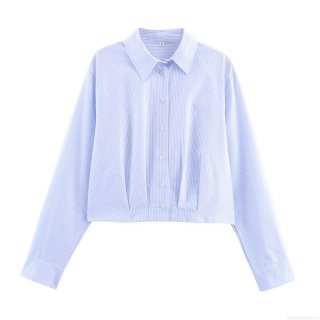 Women's Fashion Striped Long Sleeve Shirt With Pleated Waist Button Down Lapel Collar Casual Office Blouse Polyester Top For Women