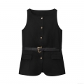 Women's Slim Fit Sleeveless Vest Top With Belt Elegant Round Neck Polyester Shirt With Gold Buttons Heart Buckle Waist For Summer Party