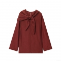 Women's Retro Bow Tie Neck Blouse Elegant Long Sleeve Polyester Shirt Solid Color Crinkle Texture Casual Top for Office Dating