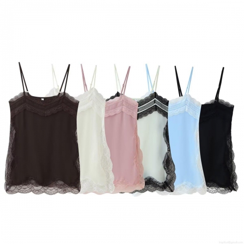 Women's Sexy Lace Trim Satin Camisole Top Spaghetti Strap Deep V Neck Sleeveless Polyester Satin Tank Top For Party Clubwear Summer Fashion