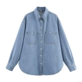 Women's Casual Long Sleeve Denim Shirt Loose Fit Button Down Blouse Top With Pockets Light Blue Distressed Jeans Shirt For Daily Wear