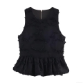 Women's Sexy Black Sleeveless Peplum Top With Frayed Fringe Texture Back Gold Zipper Slim Fit Short Blouse For Party Club Summer Trendy Crop Top