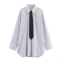 Women's Vertical Striped Poplin Shirt With Black Tie Long Sleeve Button Down Blouse Preppy Style Office Business Casual Fashion Tops For Ladies
