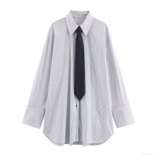 Women's Vertical Striped Poplin Shirt With Black Tie Long Sleeve Button Down Blouse Preppy Style Office Business Casual Fashion Tops For Ladies