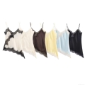 Women's Sexy Lace Trim Satin Camisole V Neck Spaghetti Strap Asymmetrical Hem Tank Top Elegant Silk Feel Sleeveless Shirt For Party Clubwear