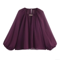 Women's Chiffon Blouse Elegant V-Neck Long Lantern Sleeve Top With Gold Metal Rhinestone Decoration Solid Wine Red Casual Loose Pullover Shirt For Women