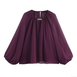 Women's Chiffon Blouse Elegant V-Neck Long Lantern Sleeve Top With Gold Metal Rhinestone Decoration Solid Wine Red Casual Loose Pullover Shirt For Women Women's Chiffon Blouse Elegant V-Neck Long Lantern Sleeve Top With Gold Metal Rhinestone Decoration Solid Wine Red Casual Loose Pullover Shirt For Women