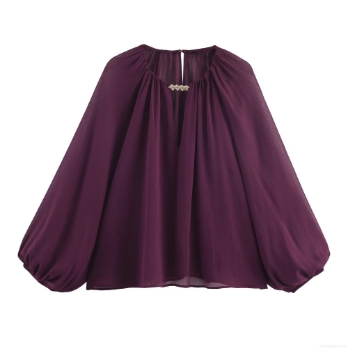 Women's Chiffon Blouse Elegant V-Neck Long Lantern Sleeve Top With Gold Metal Rhinestone Decoration Solid Wine Red Casual Loose Pullover Shirt For Women