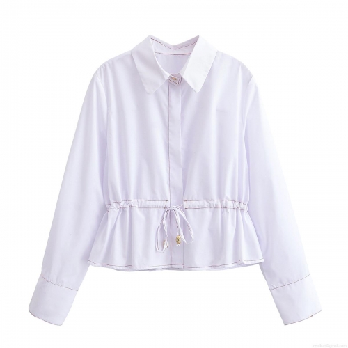Women's Fashion White Long Sleeve Shirt Contrast Stitching Turn-down Collar Blouse with Adjustable Drawstring Waist Elegant Casual Top for Ladies