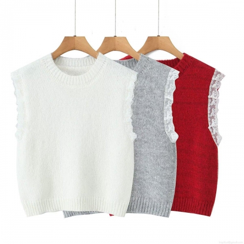 Women's Vintage Lace Spliced Knitted Sweater Vest Round Neck Sleeveless Polyester Knit Top For Daily Dating Retro Aesthetic Layering Piece