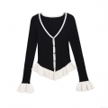 Women's Fashion Color Block Knitted Cardigan Jacket V-Neck Long Sleeve Ruffle Hem Ribbed Knit Sweater With Gold Buttons Elegant Socialite Style Tops For Women