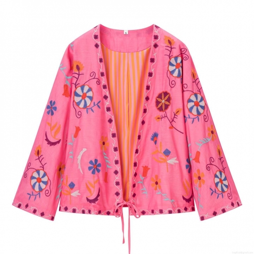 Women Floral Embroidered Kaftan Cardigan Top Ethnic Boho Fuchsia Pink V-Neck Long Sleeve Shirt Bohemian Casual Blouse With Stripe Lining For Lady Women Floral Embroidered Kaftan Cardigan Top Ethnic Boho Fuchsia Pink V-Neck Long Sleeve Shirt Bohemian Casual Blouse With Stripe Lining For Lady