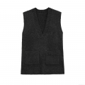 Women's V-Neck Knit Sweater Vest Loose Fit Solid Color Sleeveless Top With Two Front Pockets Soft Autumn Winter Ribbed Knitwear Casual Pullover For Ladies