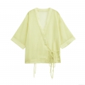 Women's Fashion Striped Kimono Cardigan With Side Tie V Neck Loose Half Sleeve 100% Polyester Blouse Top For Summer Vacation Daily Wear Ladies Casual Outerwear