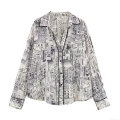 Women Artistic Architectural Print Long Sleeve Shirt Elegant Turn-Down Collar Button Down Blouse With Contrast Trim Office Lady Workwear Top