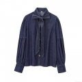 Women French Retro Cotton Denim Shirt Bow Tie Neck Long Lantern Sleeve Casual Solid Color Button Down Blouse Top For Spring Autumn