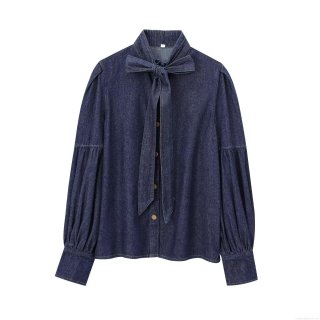 Women French Retro Cotton Denim Shirt Bow Tie Neck Long Lantern Sleeve Casual Solid Color Button Down Blouse Top For Spring Autumn