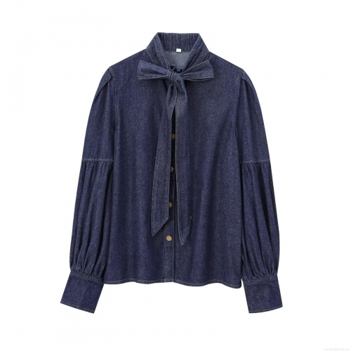 Women French Retro Cotton Denim Shirt Bow Tie Neck Long Lantern Sleeve Casual Solid Color Button Down Blouse Top For Spring Autumn