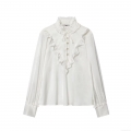 Elegant White Satin Jacquard Women Blouse With Ruffle Stand Collar Gold Buttons Long Sleeve Polyester Shirt Vintage Socialite Tops For Party Daily
