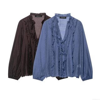 Women Elegant Ruffle V-Neck Polyester Chiffon Shirt Long Sleeve Solid Color Lightweight Pleated Blouse For Office Daily Party Ladies Tops