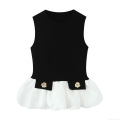 Women's Sleeveless Peplum Top Color Block Knit Patchwork Tank Top With Gold Rose Button Elegant Slim Fit Round Neck Blouse For Summer Party Casual