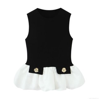Women's Sleeveless Peplum Top Color Block Knit Patchwork Tank Top With Gold Rose Button Elegant Slim Fit Round Neck Blouse For Summer Party Casual Women's Sleeveless Peplum Top Color Block Knit Patchwork Tank Top With Gold Rose Button Elegant Slim Fit Round Neck Blouse For Summer Party Casual