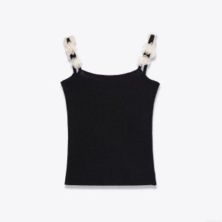 Women's Sexy Sweet Spicy Style Black Ribbed Knitted Camisole With 3D White Flower Straps Slim Fit Sleeveless Crop Top For Summer Party Clubwear Women's Sexy Sweet Spicy Style Black Ribbed Knitted Camisole With 3D White Flower Straps Slim Fit Sleeveless Crop Top For Summer Party Clubwear