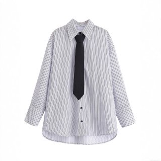 Women's Fashion Striped Long Sleeve Shirt With Black Tie Set Elegant Blue White Striped Blouse Office Lady Casual Button Down Top For Autumn Spring