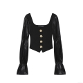 Women's T-Shirt Square Neck Long Puff Sleeve Top With Gold Rose Buttons Satin Patchwork Slim Fit Casual Party Blouse Fashion Streetwear For Women