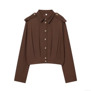 Women's Casual Polyester Long Sleeve Shirt Fashion Solid Color Turn-down Collar Blouse With Shoulder Straps Elastic Hem Single Breasted Top For Daily Work