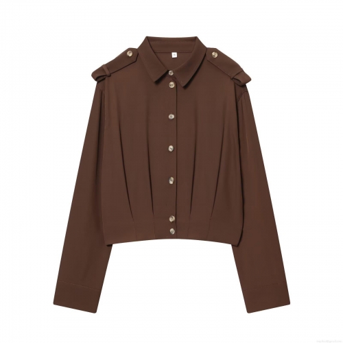 Women's Casual Polyester Long Sleeve Shirt Fashion Solid Color Turn-down Collar Blouse With Shoulder Straps Elastic Hem Single Breasted Top For Daily Work